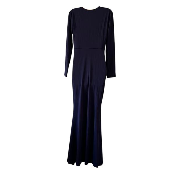 Navy Blue Purple Long Sleeve Gown with Cross V-Neck Extra Long Slit Bodycon - Picture 3 of 12